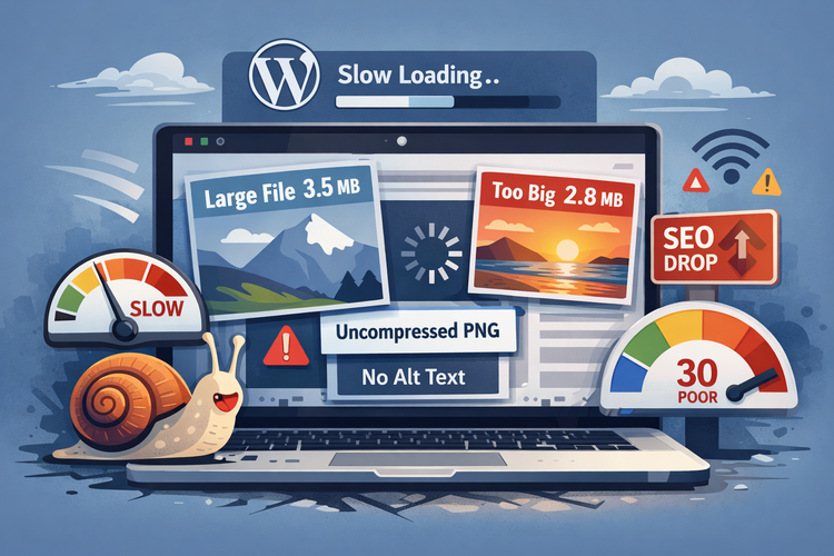 WordPress website loading slowly showing multiple large unoptimized images in browser network tab